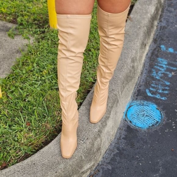 Women's Thigh High Over the Knee Boots Chunky Heel Nude Color - Picture 6 of 7